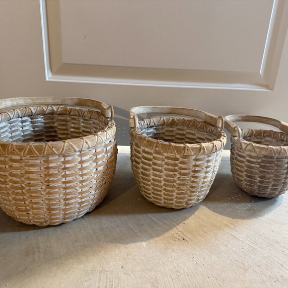Vintage Wooden Woven Nesting Basket Set of 3 Natural Farmhouse Decor Storage - Picture 3 of 8